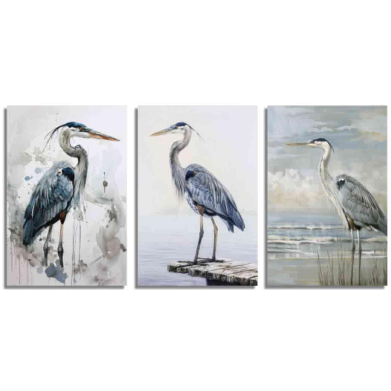 ZQQART Heron Canvas Wall Art 3 PCS Heron Bird Animal Picture Prints Vintage Wildlife Egret Painting Blue Great Heron Standing on the Water Poster (Blue,16W x24L x3)