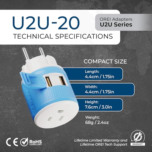Image of OREI Denmark Travel Plug Adapter - Dual USB - Surge Protection - Type K