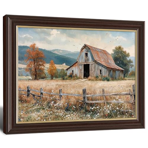 Image of Framed Vintage Farmhouse Canvas Art, Rustic Old Barn Autumn Landscape Canvas Prints Pictures, Countryside Wildflower Wall Decor for Living Room Bedroom Farmhouse Home Aesthetic