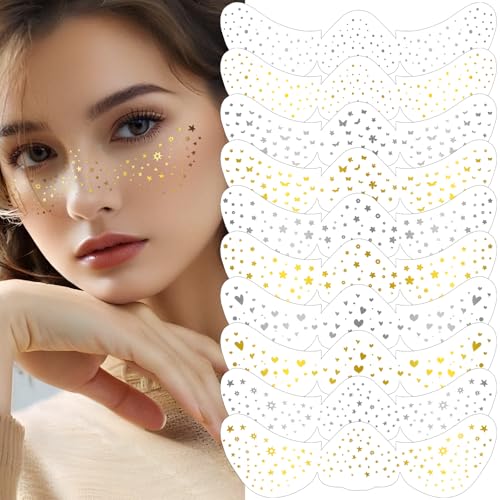 Wugbc Face Glitter Freckle Tattoo Gold & Silver 10 Pcs 5-Style,...
