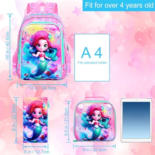 Image of CCJPX 3PCS Mermaid Backpack for Girls, 16 inchKids Preschool Bookbag with Lunch Box, Cute Water Resistant Elementary School Bag for Teen Kindergarten Toddler