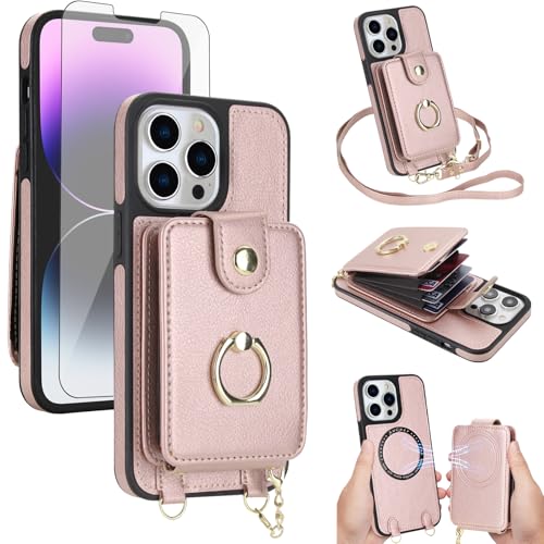 Coque iPhone 14 Pro Max magnétique avec portefeuille amovible et bandoulière noire