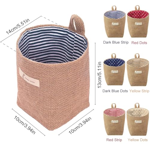 6 PCS Mini Hanging Storage Bags, Anberky Cotton Linen Small Storage Basket Wall Hanging Organizer Box Wall Mounted Storage Pocket Collapsible Decor Bin Bag with Handle for Wall Door Closet (#A)