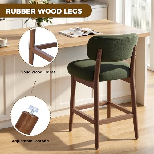 Image of Counter Height Bar Stools Set of 4, Mid-Century Modern Boucle Bar Chairs with Solid Wood Frame, Fluffy Upholstered Stools with Backrest for Kitchen Island, Home Bar, Olive Green