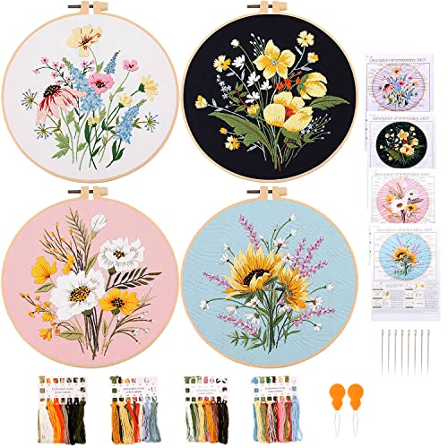 4 Sets Cross Stitch Embroidery Kits for Beginners Adults, Flower Stamped Pre Printed Cross Stitch Kits, Full Range of Embroidery Starter Kit with Instructions, 4PCS Embroidery Hoops, Threads and Tools