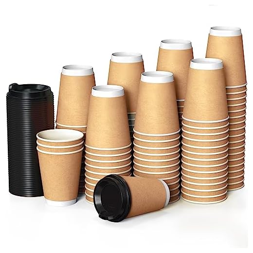 100 Kraft Vasos Desechables 360 ml de Doble Pared de Café para Llevar - Vasos Carton con Tapas y Agitadores de Madera para Servir el Café, el Té, Bebidas Calientes y Frías