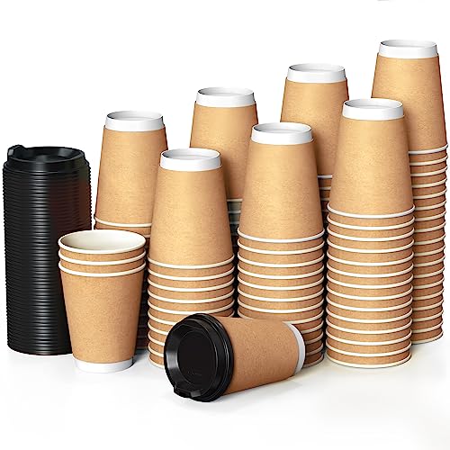 CupCup 100 Kraft Plane Double Paroi Gobelets Carton pour Café à Emporter - Tasse Café 360ml avec Couvercles pour Servir Le Café, Le Thé, des Boissons Chaudes et...