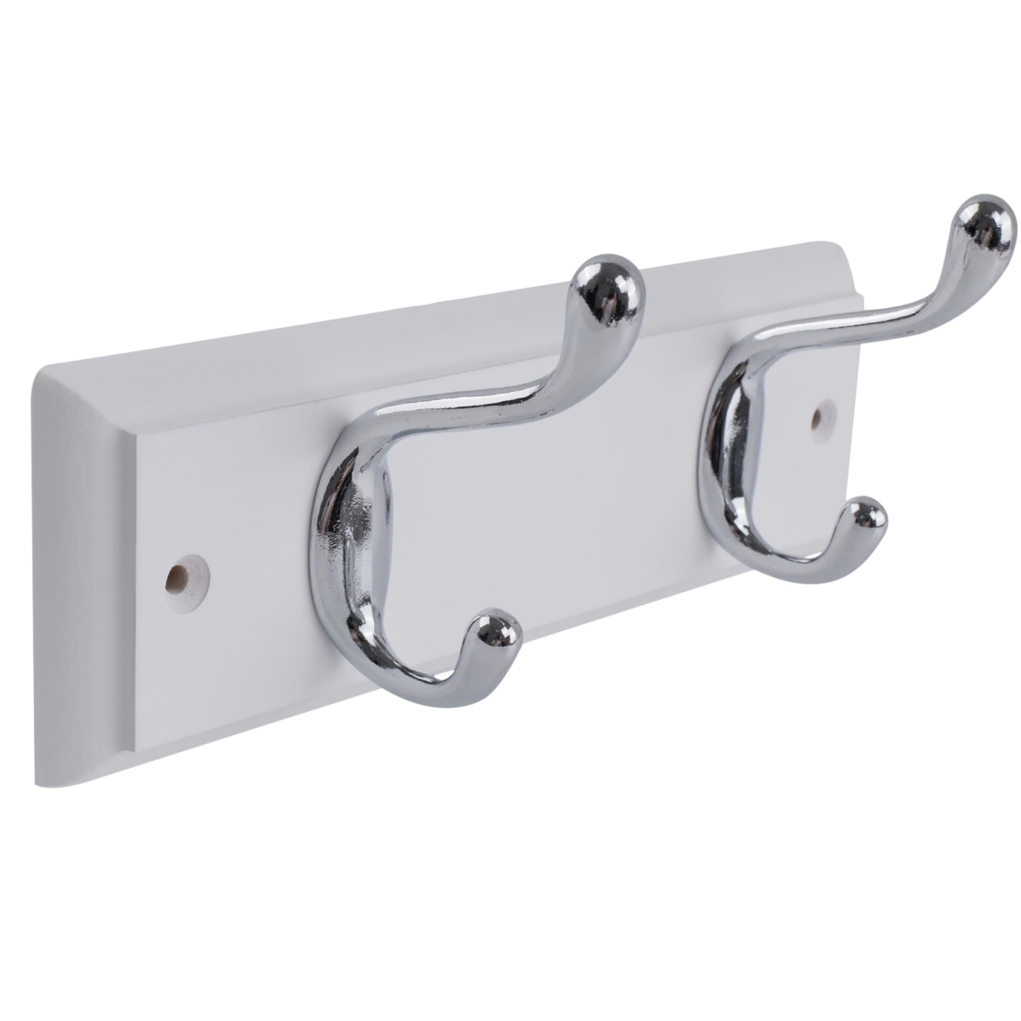 keypak White Wooden Wall Mounted Coat Rack with Polished Chrome Hooks - Heavy Duty Hallway & Entryway Wall Hanger for Coats, Hats, Bags, Tools, Fixings Included (2 Hooks)