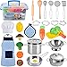 TwobeFit Giocattoli da Cucina per Bambini, 30 Pezzi Cucina Pentole Giocattolo per Bambini Taglio Cibo Verdura Acciaio Inossidabile Accessori Cucina, Grembiule e Cappello per Bambini dai 3 Anni in su