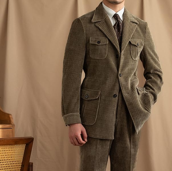 Men's Corduroy Safari Blazer Suit Military Style with Multi-Pockets3