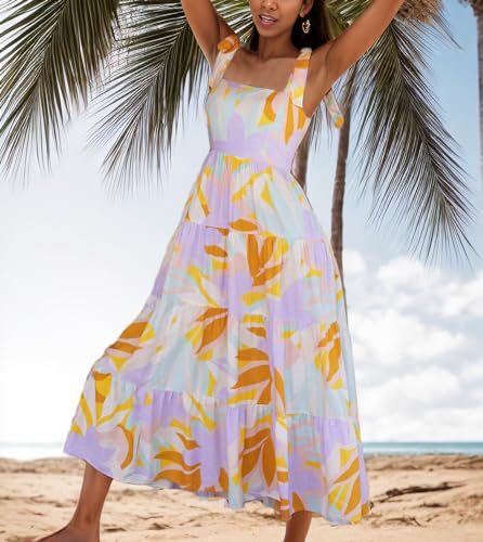 Image of kinstell Women's Summer Boho Spaghetti Strap Square Neck Ruffle Casual Flowy Long Dress Beach Swing Party Maxi Dress