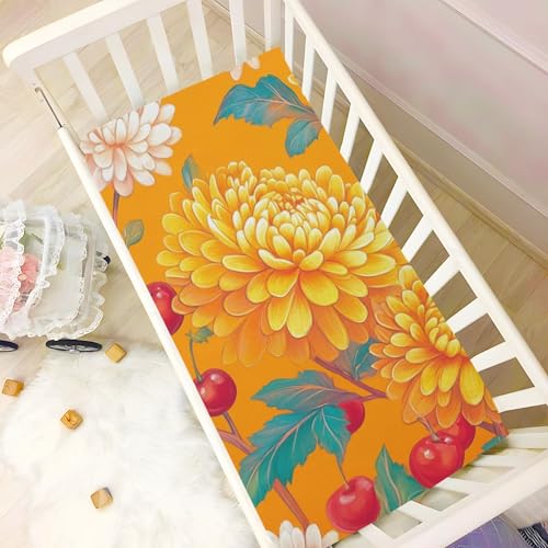 Image of Crib Sheet Breathable Soft Crib Mattress Sheet for Baby Toddler Boys Girls Fitted Crib Sheet Fit Standard Crib Mattress 39 x 27 Inch Orange Cute Chrysanthemum and Cherries