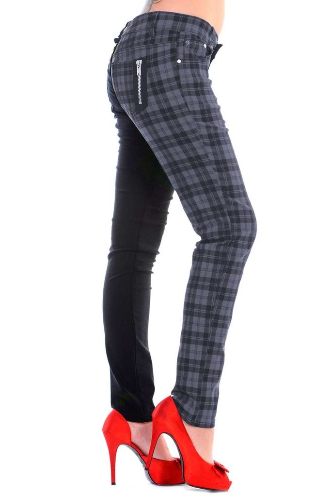 Banned Women's Black/Grey Half Tartan Plaid Check Emo Punk Split Leg Skinny Trousers - /34/Uk 16) Size 34
