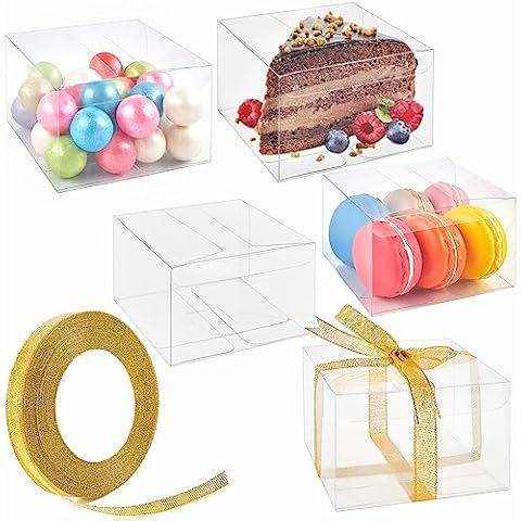 JOERSH 4x4x2.5 Inches Clear Favor Boxes with Gift Ribbons 30 PCS Transparent Plastic Cube Party Favor Treat Boxes for Donut Macaron Chocolate Strawberry Cookie Mini Cake Packaging Boxes Cover