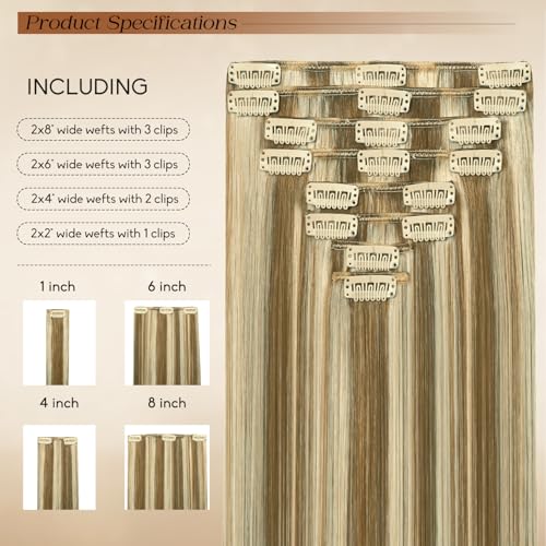 Image of Clip in Hair Extensions Real Human Hair 20Inch 8pcs 105g Seamless Balayage Blonde Hair Extensions Clip Ins Double Weft Light Blonde Highlight Golden Blonde Invisible Straight Remy Human Hair for Women