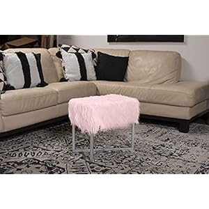 Birdrock home rectangular faux fur vanity stool ottoman wwhite metal legs small fluffy makeup seat cute foot rest for bedroom desk or dressing table compact chair for girls dorm room pink  urban country home decor