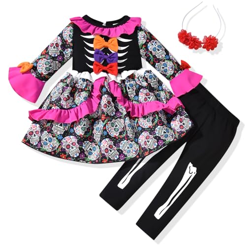 Image of HINTINA 3PCS Baby Girls Halloween Outfits Skull Tops Ghost Leggings Pants with Csarf Hat Clothes set