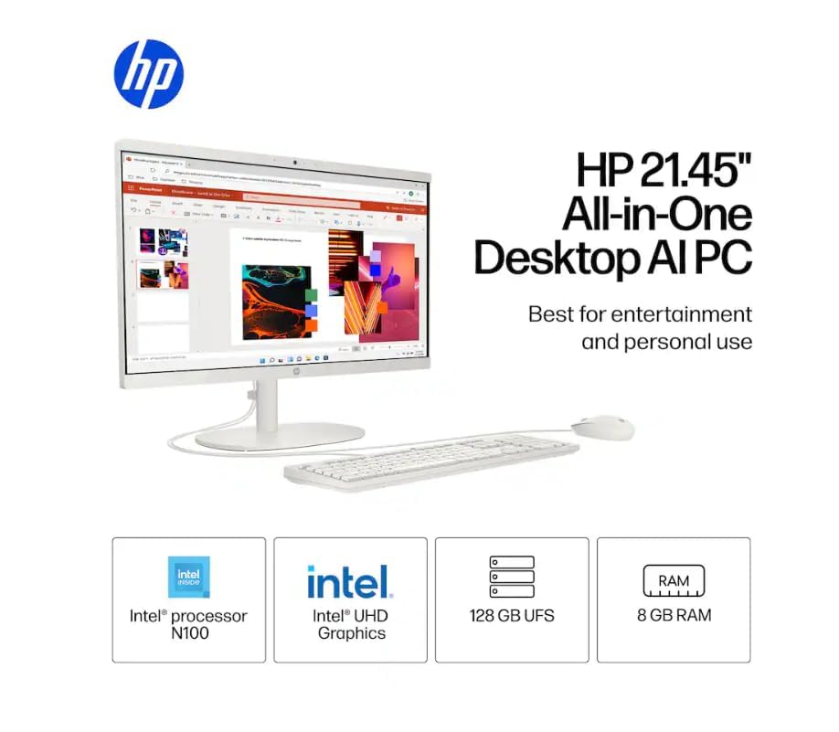 Image of HP 22 inch All-in-One Desktop Computer, 8GB DDR5 RAM, 128GB UFS Storage & 512GB External,13th Gen Intel Quad-Core CPU, FHD VA Display, WiFi 6, Bluetooth 5.3, RJ45, USB-C (10Gbps), UHD Graphics, 720p Cam