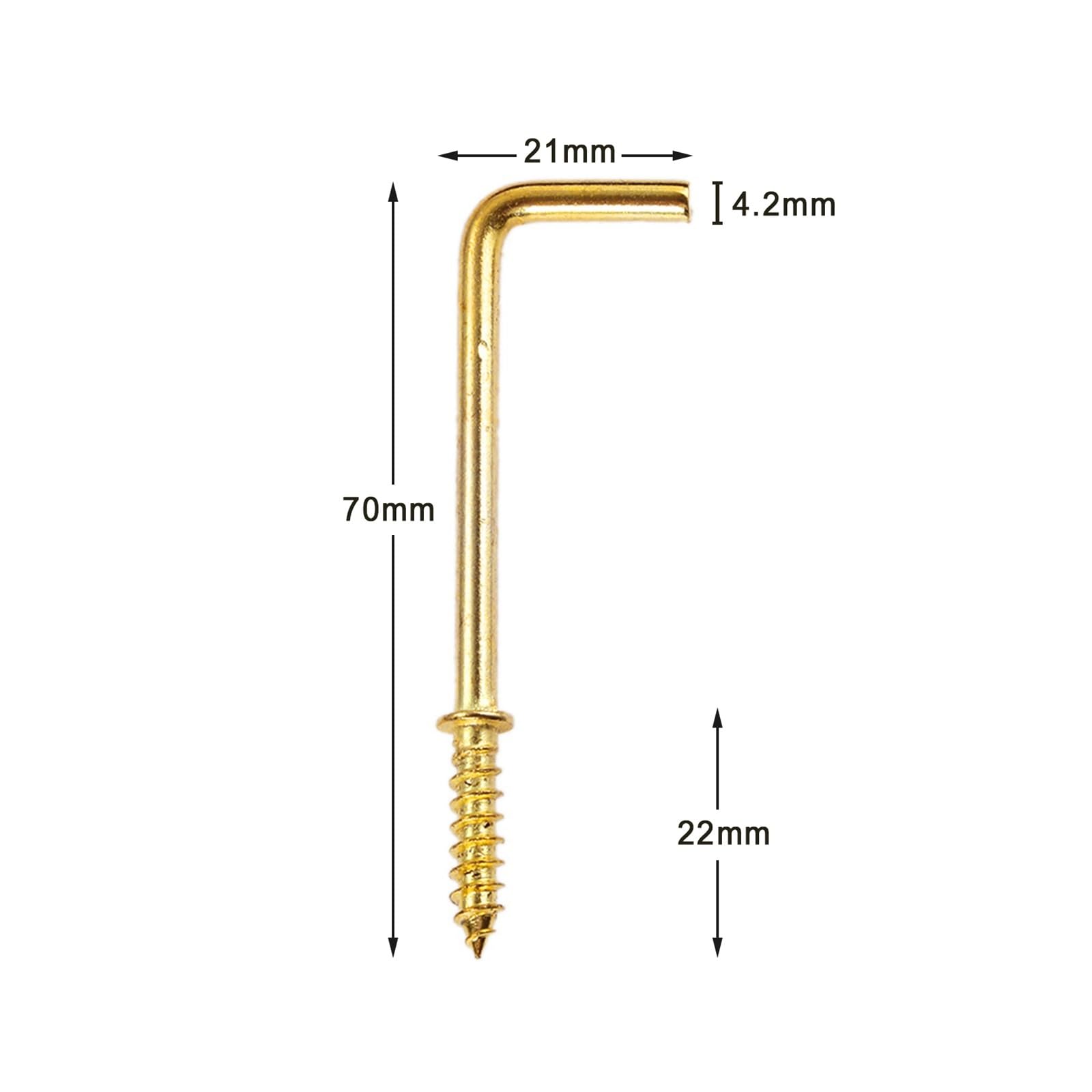 Ganci a vite Vite piegata quadrata lunga, 20 pezzi Ganci for tazza for comò a forma di L Viti ad angolo retto Gancio stile 7 Telaio in lega giallo oro Occhi di pecora Ferro appeso 7mm-70mm(70x21x4.2mm