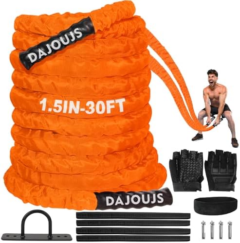 Battle Ropes for Home Gym 1.5Inch Diameter 30 FT Lengths Workout Heavy Battle Ropes for Exercise Training Weighted Rope for Working Out Exercise Equipment with Protective Cove - Orange