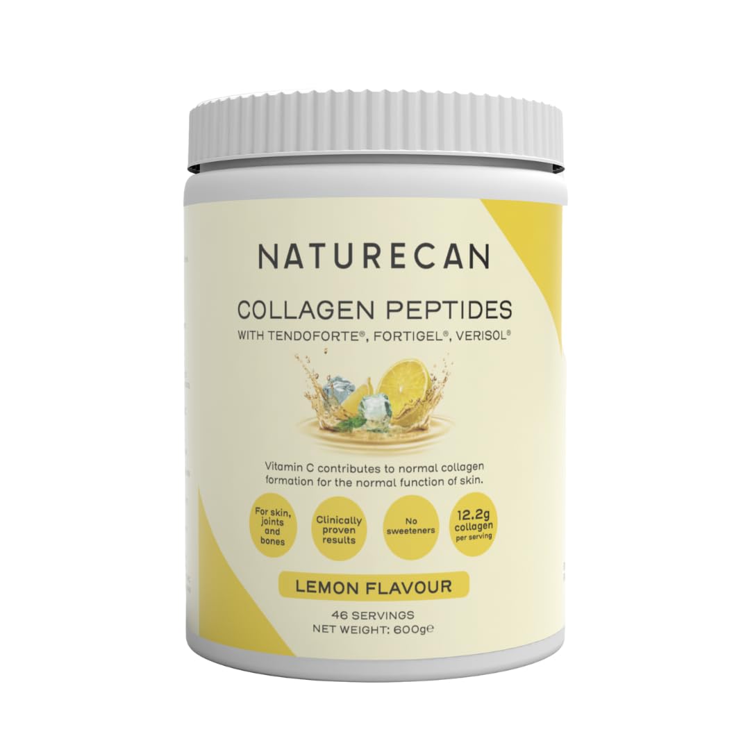 NATURECAN Peptydy kolagenowe, z witaminą C, cynkiem i miedzią, 12,5 g kolagenu na porcję, łatwo rozpuszczalne, wyprodukowano w Niemczech (600 g, Cytryna)