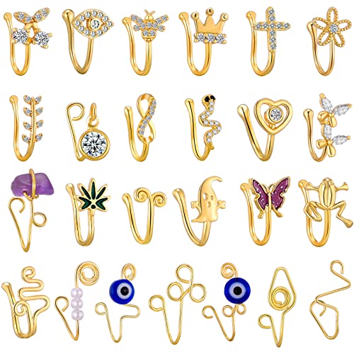 TAMHOO 25Pcs Gold Fake Nose Rings Fake Septum Fake Nose Ring Hoop Clip on Nose Ring as Birthday Gifts for Women Fake Piercings Nose Cuffs - Valentines Day Gifts for Her Christmas Gifts for Wife