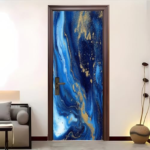Masquer les défauts d'une porte : sticker mural marbre bleu 3D 85x205 - 3