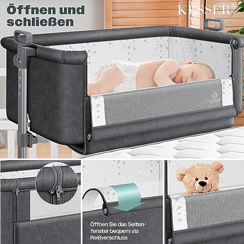 KESSER® Zustellbett Hubi 3in1 Baby Beistellbett Reisebett Babybett mit weich Matratze mit Rollen Kinderbett 5Fach Höhenverstellung Faltbare Seitenwand für Zuhause und Unterwegs + Spanngurt Dunkelgrau