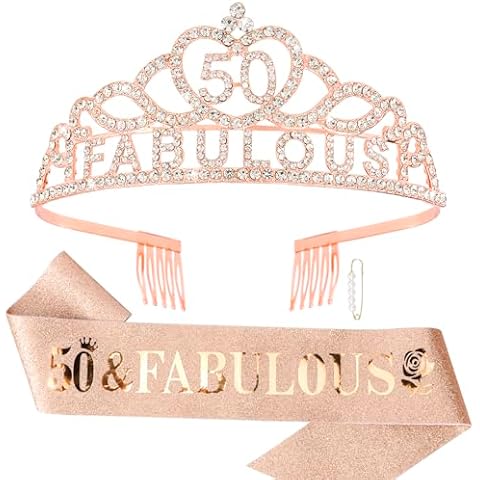 Tihebax 50th Birthday Sash and Crown for Women 50th Birthday Decorations for Women Rose Gold 50 and Fabulous Birthday Decorations Tiara and Sash 50th Birthday Gifts for Her Birthday Party Cover