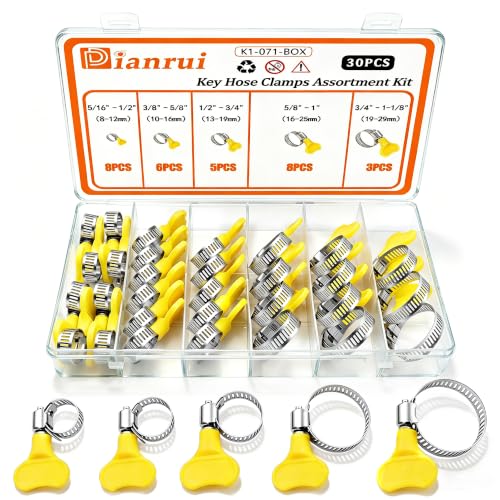Image of Dianrui 30 PCS Thumb Screw Hose Clamps Assortment Kit 5 /16 inch-1-1 /8 inch(8-29mm) Key-Type Hose Clamp Stainless Steel for Pipe, Fuel Line, Plumbing, Intercooler, Tube and Automotive