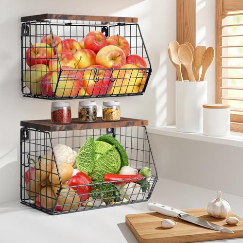 HATANSE Fruteros de 2 Pisos, Frutero de Cocina Moderno, Fruteros de Colgante Pared con Tapa de Madera, Apilables y Montables en la Pared para Fruteira Aperitivos y Almacenamiento en El Baño