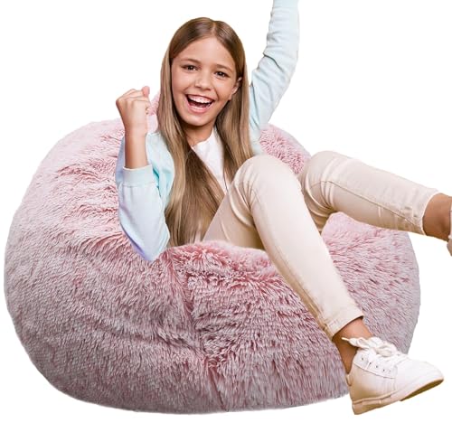 Fluffy Bean Bag Chair for Kids, 2.5FT Round Memory Foam Filled Bean Bag for Teens & Kids, Ultra Soft Faux Fur Fabric Bean Bag Chairs for Playroom, Living Room, Bedroom,Pink