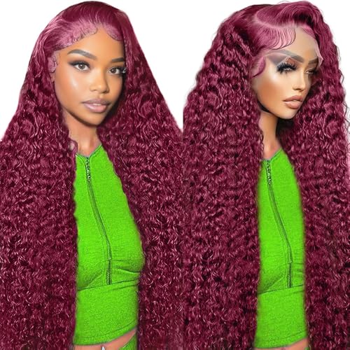 Vopew 28 Inch 99J Burgundy Wig Human Hair 13x6 Deep Wave Lace Front Wigs Colored Wine Red Curly Human Hair Closure Wig For Women HD Lace Frontal Wig Pre Plucked Hairline