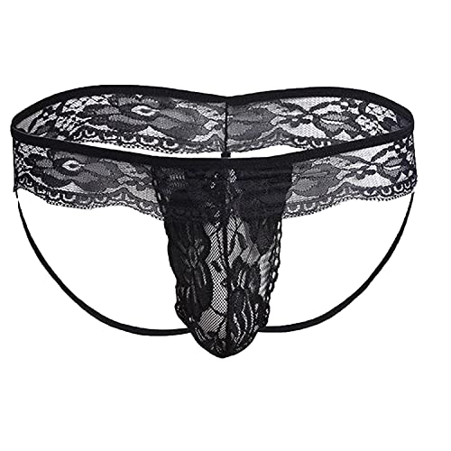 Generic Men's Lace See Through G-String Mesh Thongs Floral G-Strings Underwear Sexy Sissy Thong Briefs Sheer Bikini Underwears (Black,Large)