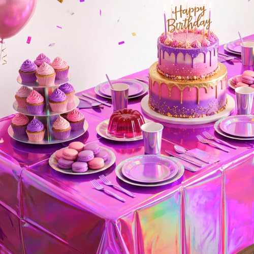 Image of Iridescent Plastic Tablecloths, Disposable Sparkly Laser Purple Table Cover | Wipe Clean Iridescent Party Decorations Holographic Foil Tablecloth for Kpop Birthday Bachelorette Wedding, 54x108Inch