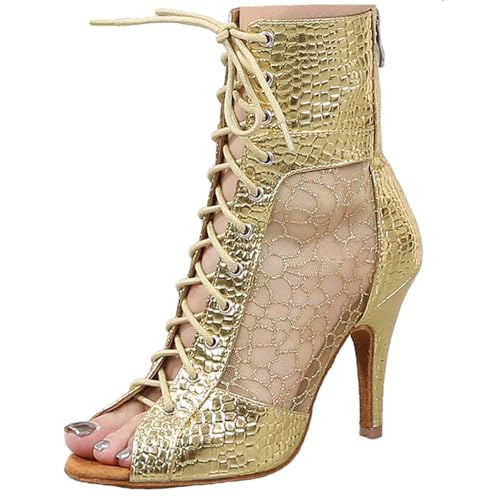 LITNERMIA Botines de mujer de malla para salón de baile social jazz latina tacones, Afm0611 Gold, 34 EU