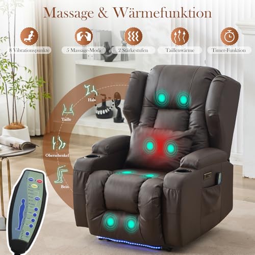 TCGBKAF Relaxsesel mit Liegefunktion, Eletrisch TV Sessel Fernsehsessel Eletrisch Verstellbar Kinosessel Massagesessel mit Wärmefunktion,USB & Getränkehalter,Sessel Wohnzimmer (1, Braun) – Bild 6