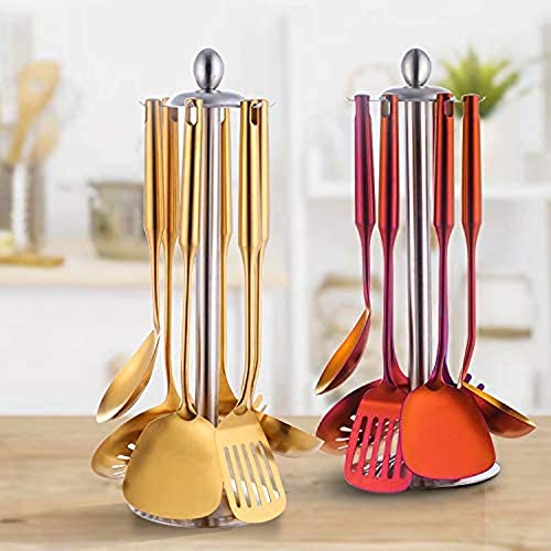 Juego de Utensilios de Cocina de Acero Inoxidable Cuchara para Sopa Dorada Pala ranurada Utensilios de Cocina Espátula Colador Cucharón para Servir Pasta，Colorful