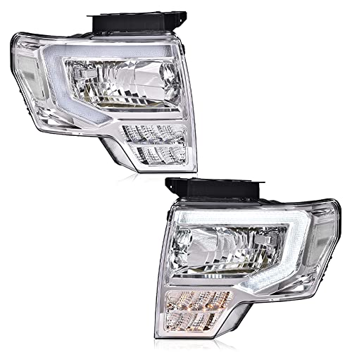 Image of GRAND ORANGE LED DRL Headlight Assembly Compatible with Ford F150 2009-2014 Headlamps Driver & Passenger Side Clear lens Chrome Housing White Reflector FO2503287 DL3Z13008B