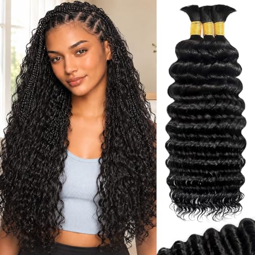 BIZVUS Human Braiding Hair for Boho Braids Deep Wave Bulk Human Hair for Braiding Wet and Wavy Curly Hair for Knotless Braids Bohemian Braiding Hair 3Bundles Natural Color #1B 18 Inch