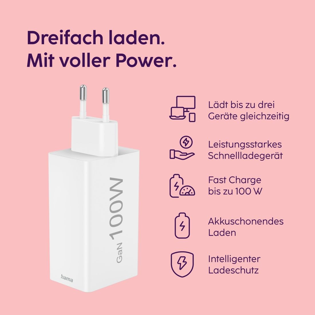 Hama USB Schnellladegerät, 2X USB C + 1x USB A, Mini Ladegerät, 100W | GaN Charger schwarz, Universal Ladegerät, Quick Charge 3.0/Power Delivery, USB Ladestecker mehrfach, Laptop Netzteil