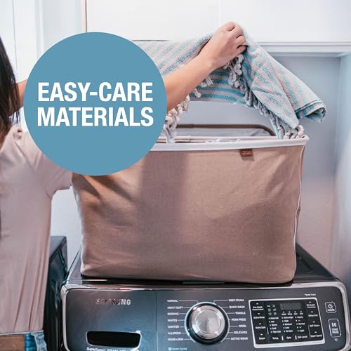 Image of CleverMade Collapsible Laundry Basket LUXE 2 Pack - 60 L (16 Gal) Foldable Cotton Blend Clothes Hamper with Vegan Leather Accents, Reinforced Handles, Space Saving Laundry Bin Holds 55 lbs - Cream