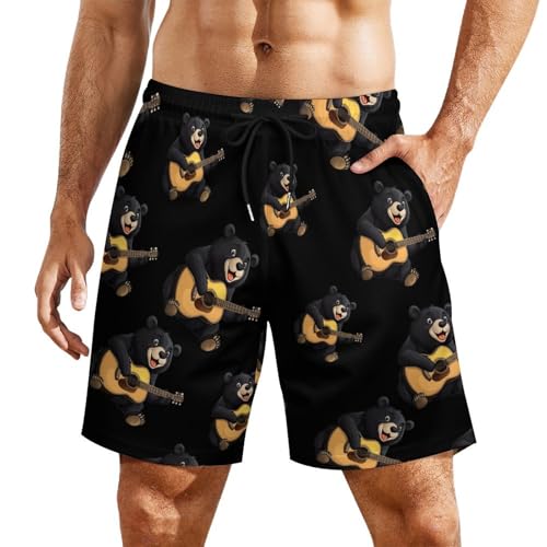 Bear Playing Guitar Bear Guitarist Music Mens Swim Trunks Quick Dry Beach Board Shorts with Pockets