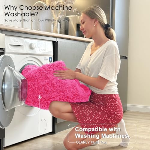 OLANLY 2x3 Machine Washable Small Bedside Rug, Soft Fluffy Shaggy Entryway Throw Rugs for Bedroom, Living Room, Indoor Floor Carpet for Kids Girls Boys, Nursery Rooms, Home Decor Aesthetic, Hot Pink