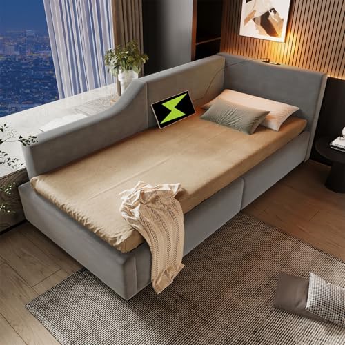 LuxeLiving Polsterbett 90x200 cm Tagesbett, Bettgestell mit hydraulischem Stauraum, Leselicht, Ladefunktion, Jugendbett Kinderbett Einzelbett Schlafsofa mit Lattenrost, Grau, Ohne Matratze