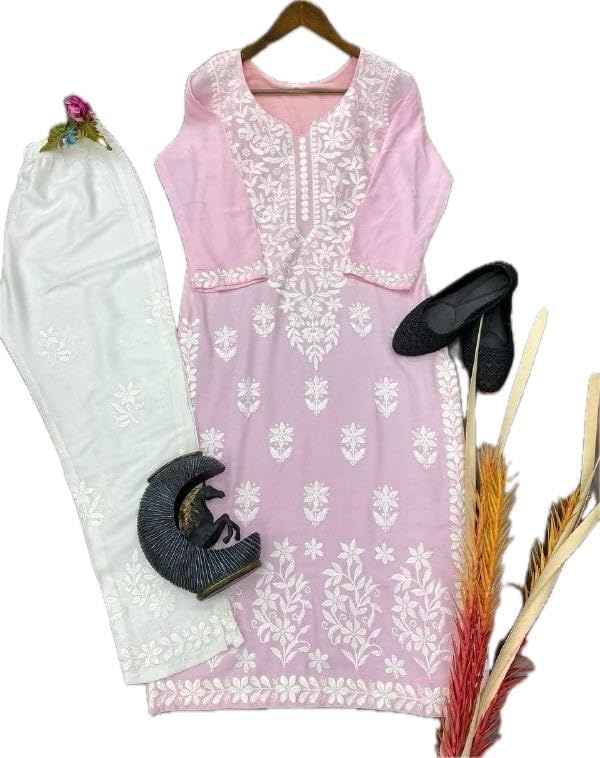 Image of Embroidered Chikan Kurta with pant ethnic Indian wear- Lucknow Chikankari, traditional chikankari