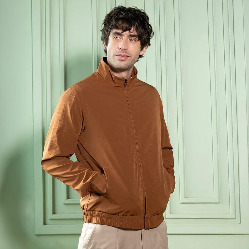 Campus Sutra Men Solid-Textured Bomber Jacket, Stand Collar, Long Button-Cuff Sleeves, Zipper, Stretch-Straight Hem, Solid Textured Woven Fabric For Casual, Brick Brown 1