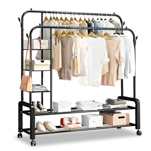 Fuyoula Stand Appendiabiti con Ruote,2 Ripiani, Robusto,Design Semplice,Organizzazione Guardaroba,Facile da Spostare e Montare,Bianco,49 * 33 * 176cm