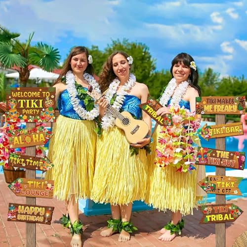 Image of Hooqict 20 Pieces Hawaiian Luau Party Decorations Welcome to Tiki Party Directional Sign for Outdoor Summer Tropical Hawaiian Luau Tiki Birthday Party Decorations Supplies