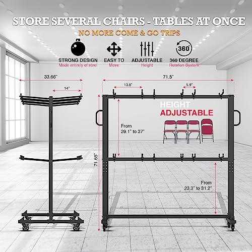 Folding Chair Rack Cart - Storage Dolly With Wheels, Heavy Duty Holder for 84 Chairs or 12 Tables of 900 LBS Capacity - Includes Outdoor Cover